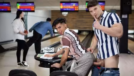 JustTheGays thumbnail for Malik Delgaty and Angel Santana – Bowling Alley Fuckdown - amateur gay porn from OnlyFans JustForFans GayForFans - 