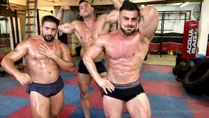 JustTheGays thumbnail for Marco Di Pietro, Eliseo Antonio Vazquez and Brian Nizok jerk in the gym - amateur gay porn from OnlyFans, MyVidster, GayForFans and more! - Group, Jerk Off