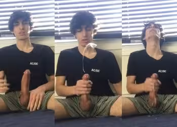 JustTheGays thumbnail for Nerdy twink jerks his big dick and cums - amateur gay porn from OnlyFans JustForFans GayForFans - 