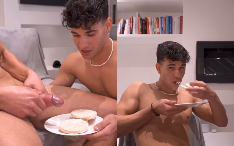 JustTheGays thumbnail for Manuel_Dosio and Angel Dario Garcia (Alann23) jerk off and Angel eats a cum cookie - amateur gay porn from OnlyFans JustForFans GayForFans - 