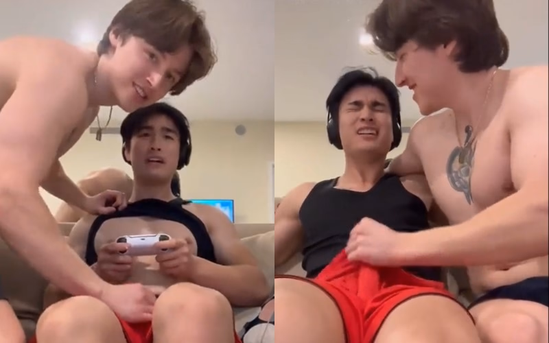 JustTheGays thumbnail for Jerking my friend while he plays video games  – Bruce and Brad - amateur gay porn from OnlyFans JustForFans GayForFans - 