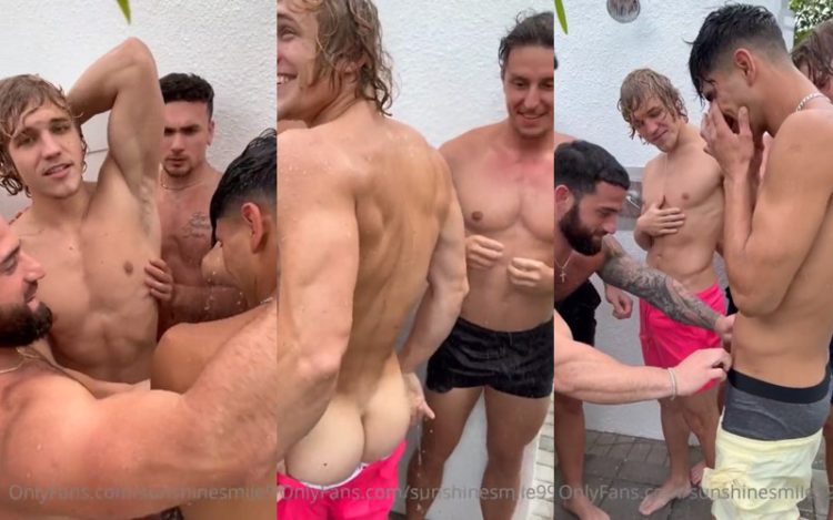 JustTheGays thumbnail for Sunshinesmile99 – showering with the bros - amateur gay porn from OnlyFans, MyVidster, GayForFans and more! - Group, Outdoor, Shower