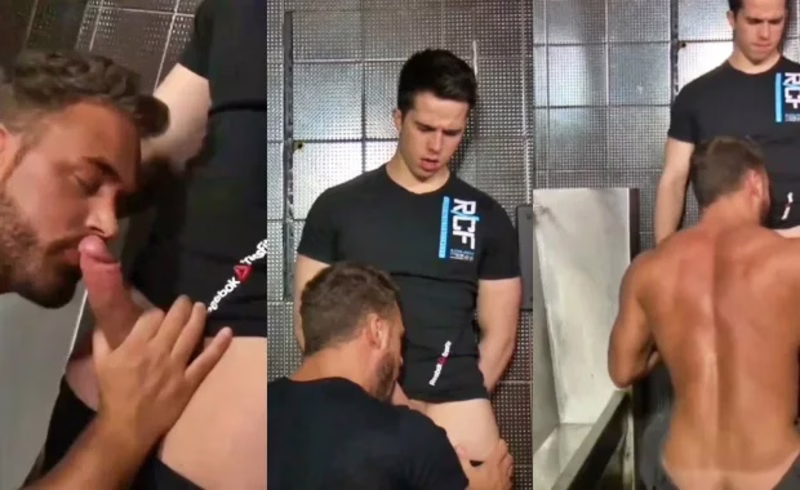 JustTheGays thumbnail for Fit hottie gets his dick sucked in the gym bathroom - amateur gay porn from OnlyFans JustForFans GayForFans - 